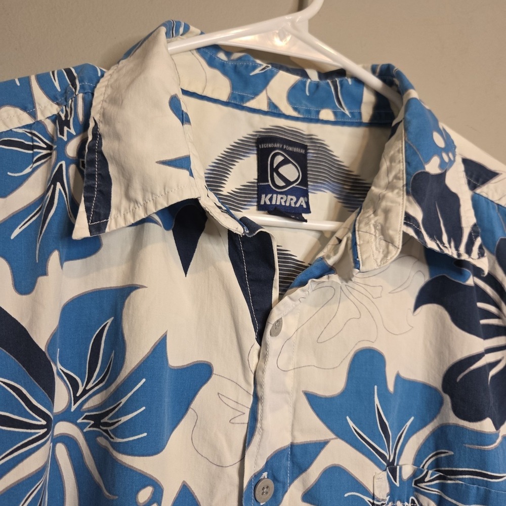 Kirra Surf Shirt Mens Large Blue Floral Hibiscus‎ Hawaiian Button Up Y2K Cotton